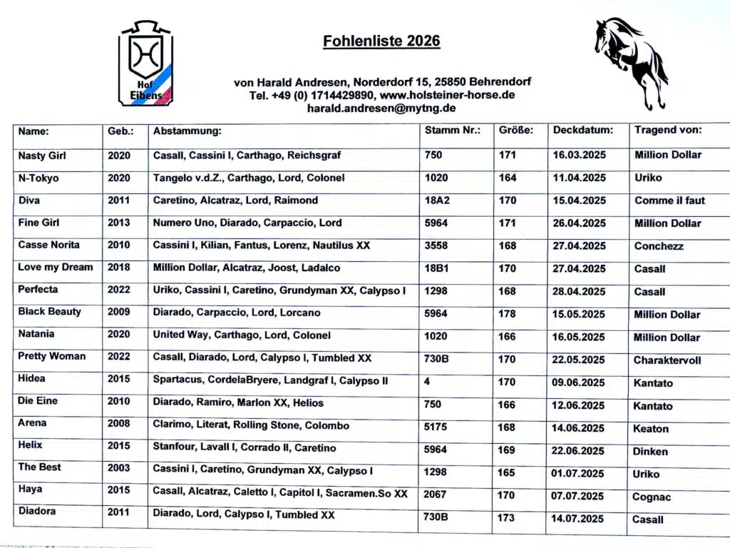 Holsteiner Fohlen direkt vom Züchter 1 Fohlenliste Hof Eibens 2026
